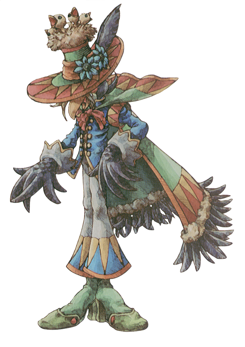  an image of the anthropomorphic bird-like character Pokiehl from the video game Legend of Mana. He wears a large gaudy hat with a bird's nest and chicks atop it, a blue tunic, a patterned cape, and white bell-bottom pants and green boots. Everything he wears features a vibrant angular patterning of multiple colors.