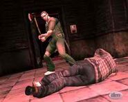 Daniel executing a member of the Pervs with an Axe (Gruesome).