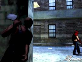 Cash spying on a hunter while wielding a Meat Cleaver.