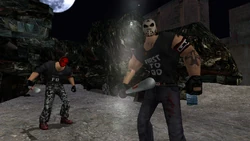 Two Skinz members guarding the electric gate with metallic Baseball Bats.