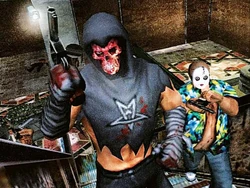 A Skully and Babyface running up a defunct escalator.