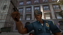 A CCPD officer outside the Journalist's Apartment.