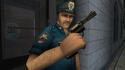 A CCPD officer guarding the entrance of the Journalist's Apartment.