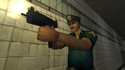 A CCPD officer armed with a Sub-Machine Gun.