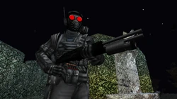 A Cerberus mercenary armed with a Shotgun with flashlight attachment.