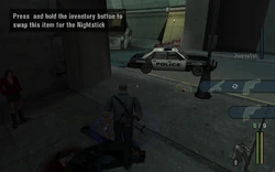 The player swapping the Nightstick with the Six Shooter.