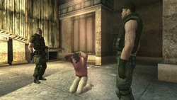 Two Project Militia mercenaries holding Michael Grant captive at the Fisto Sugar Manufactory Depot.