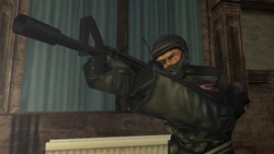The Cerberus Leader aiming at Cash with an Assault Rifle.