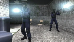 SWAT officers armed with Shotguns with flashlight attachments.