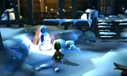 Luigi looking at the two snowmans near the entrance to the Chalet