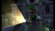 Luigi looking at the now broken rafters.