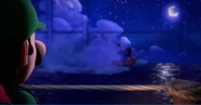 Captain Fishook's ship disappearing in the distance, only to reappear later right in front of Luigi.