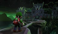 Luigi viewing the Treacherous Mansion from the Veranda