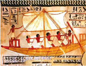 Pintura-egipcia-en-la-que-se-puede-observar-el-velamen-rectangular-sujeto-por-dos-vergas-horizontales