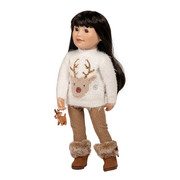 Maplelea&ME! doll KMF68 (long black hair with bangs, brown “almond-shaped” eyes, and light skin) wearing KM189 My Dear Reindeer Outfit—fuzzy white sweater with reindeer head design and sequins, light brown leggings, and felted wool reindeer ornament—and brown KM189 Great Bear Boots with faux fur trim.