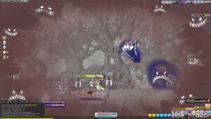 The same map, but with the lowest level of sanity available. Note the coloring, the flying ghostly monsters, and the huge decrease in Max HP and MP.