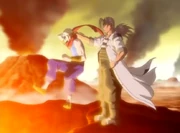 Alan easily defeats Alibaba by dropping him into a volcano.