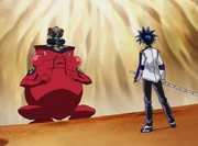 Alviss facing Kouga and his Kung-Fu Frog.