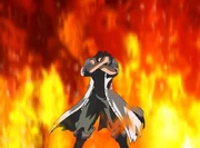 Alan endures the blaze by Halloween's Cross Dagger.