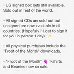 (12 Nov 2014)[18] Webstore info. We are going to try and restock the box sets for the rest of the world soon! There are a few left on the US site but not very many. I think you guys are gonna love this box set. It's v. special. 🍇✨ 😊 xx xx