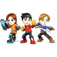 Artwork for the three different Mii Fighters in Super Smash Bros