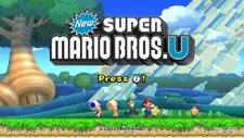 The game's title screen, set in Acorn Plains. At the center is a "NEW" and "U" color blue title, and game title. Mario, Luigi, Yellow Toad and Blue Toad are seen walking.