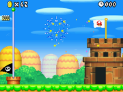 Fireworks being displayed after the Goal Pole is activated in New Super Mario Bros..