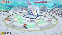Mario navigue sur un anneau semblable à un puzzle pour attaquer un boss.