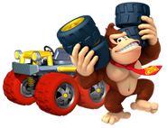 Donkey Kong holding some wheels.