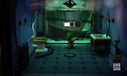 Gameplay screenshot of Luigi vacuuming at a shower curtain