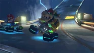 Bowser driving in the thundercloud area of the track