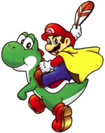 Illustration de Mario cape sur , tenant une plume, pour Super Mario Advance 2