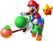 Mario riding Yoshi in Super Mario Galaxy 2