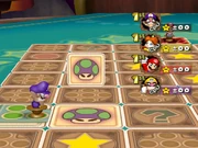 Waluigi obtaining a Cursed Mushroom Item Card.