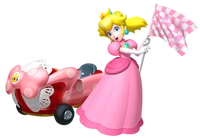 Artwork of Princess Peach waving a pink-checkered flag next to her Birthday Girl.