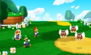 Mario, Luigi et Paper Mario affrontant trois Paragoombas dans Mario & Luigi: Paper Jam Bros.
