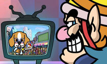 Wario regardant le reportage sur le dernier jeu Pyoro dans la cinématique d'introduction