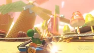Yoshi zooming past several windmills.