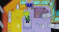 Luigi réussissant à récupérer la Végétoile  dans le Tortue-jet.