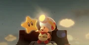 Captain Toad holding a Power Star.