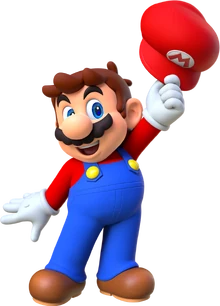 Mario wearing his trademark outfit consisting of a red shirt, a red cap, blue overalls with yellow buttons, white gloves, and brown shoes