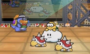 2 Pinchones y un Lakitu formando equipo en la Arena Dojo en Paper Mario: La Puerta Milenaria