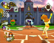 Mario Superstar Baseball prototype screenshot of Daisy battle at Peach Garden