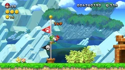 A screenshot of Mario and  sliding down a Goal Pole together in 