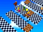 The players competing in Platform Peril in Mario Party.