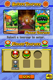 A screenshot of the Flower Tourney, as shown from the menu in Mario Hoops 3-on-3