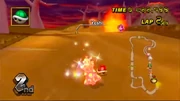 Bowser Jr. nearing a Lava Fireball's fire, a Lava Fireball can also be seen erupting from the volcano as well.