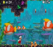 Mario collecting Red Coins while surrounded by Cheep-Cheeps.