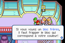 Des Koopa Troopa expliquant aux plombiers le fonctionnement d'un bloc frères dans Mario & Luigi: Superstar Saga.