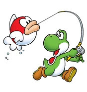 Mario Party Advance artwork of Yoshi catching a Cheep Cheep, based on the minigame